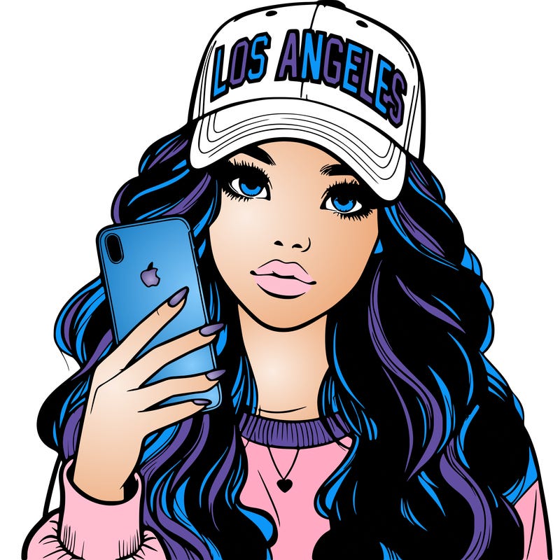 realistic beautiful girl wearing los ángeles cap holding an iphone