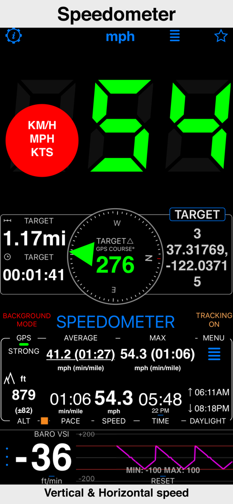 Compass 55. Map & GPS kit. - Compass 55 app speedometer interface showing horizontal and vertical speed with GPS data