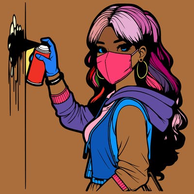 realistic girl with mask spray painting a wall