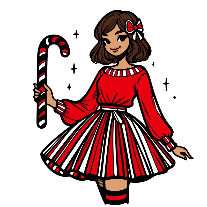 a women holding a big candy cane and short skirt