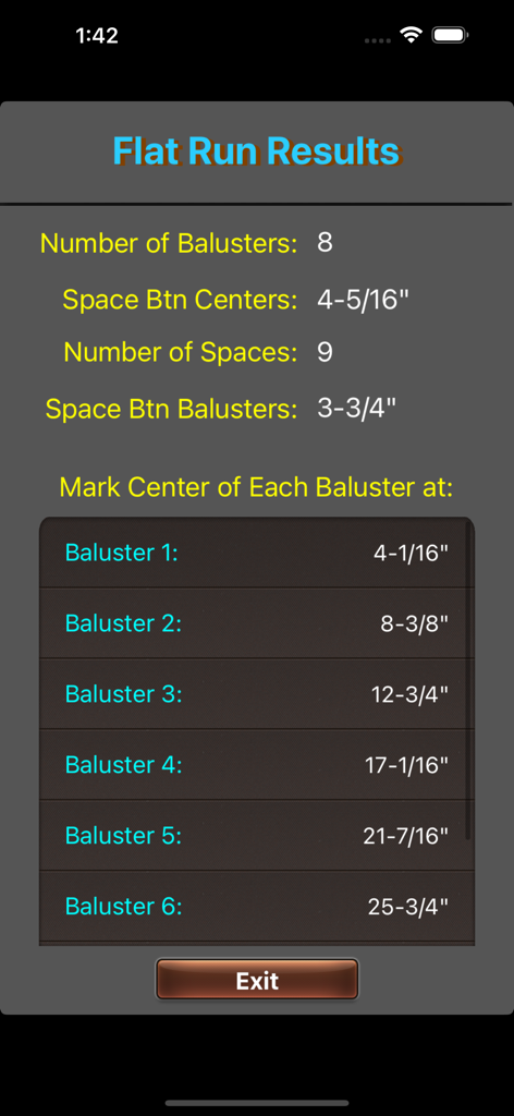 Screenshot of the Baluster Calculator Elite app displaying results for a flat railing run including spacing and marking centers in inches