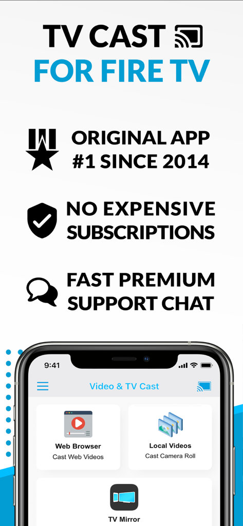 TV Cast for Fire TV app interface showing web browser and local video casting features