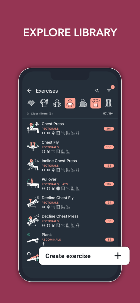 The exercise library screen of the Blast workout app showing a list of strength training exercises and muscle group filters