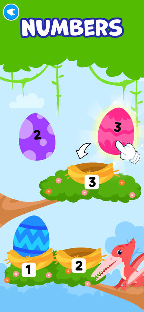 Toddler Games for 3 Year Olds• - Educational game screen showing number matching with colorful eggs and nests in a jungle setting