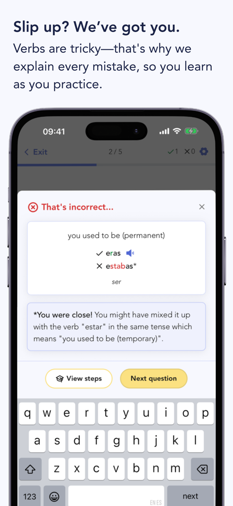 Ella Verbs: Learn Spanish - Pantalla de la aplicación Ella Verbs que muestra una explicación gramatical detallada para una respuesta incorrecta en un cuestionario de conjugación de verbos españoles.