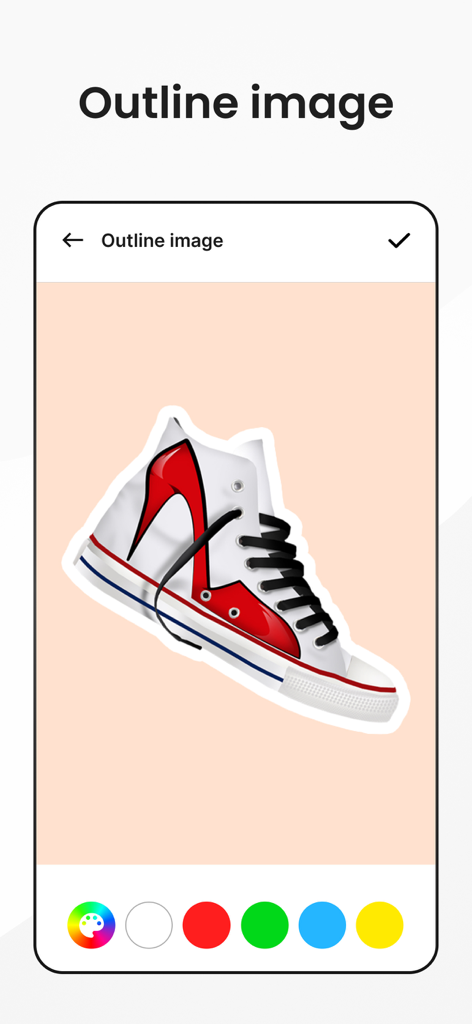 Slazzer- Background Remover - App interface demonstrating the outline image tool for creating stickers with a white border around a shoe