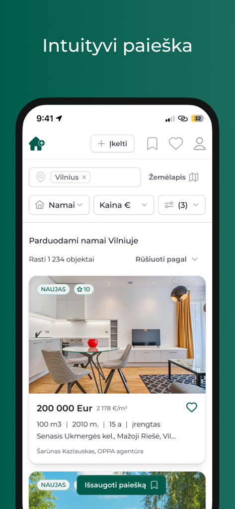 Domoplius.lt - Interface of the Domoplius mobile app showing a property listing for a house in Vilnius with intuitive search filters.