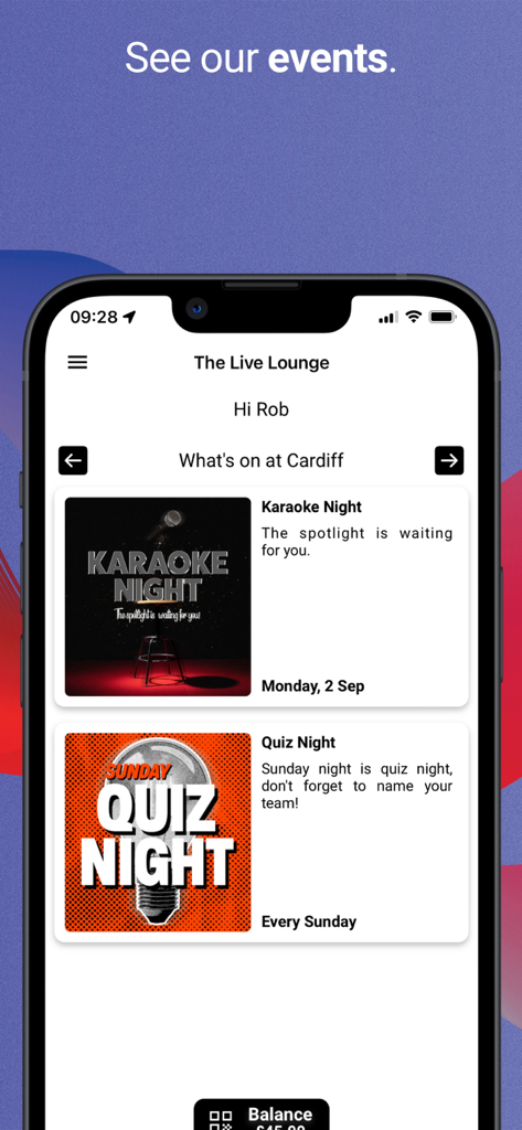 Live Lounge - The Live Lounge app interface showing upcoming events including Karaoke Night and Quiz Night