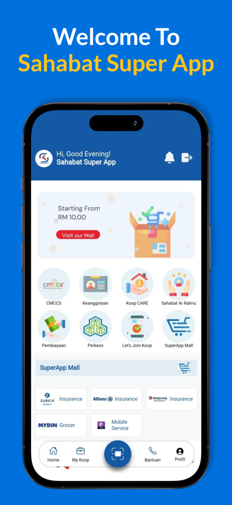 Sahabat Super App - Sahabat Super App home screen showing membership dashboard and financial services icons