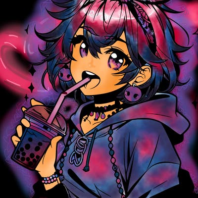 hot baddie anime girl drinking boba and biting the straw