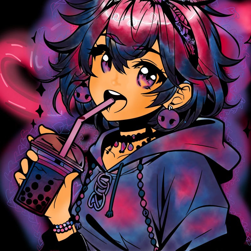 hot baddie anime girl drinking boba and biting the straw