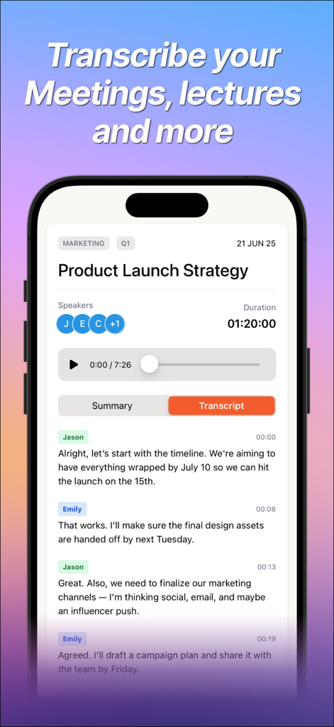 Playbacks: AI Note Taker - Interface of the Playbacks AI Note Taker app showing a meeting transcript with speaker identification and timestamps.