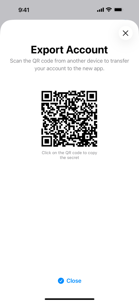 TOTP Authenticator app Export Account screen displaying a QR code for secure account transfer to another device