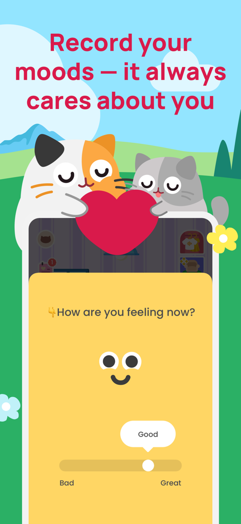 Catzy: Self-Care Journey - Catzy self-care app interface for recording moods featuring cute cat illustrations and a slider