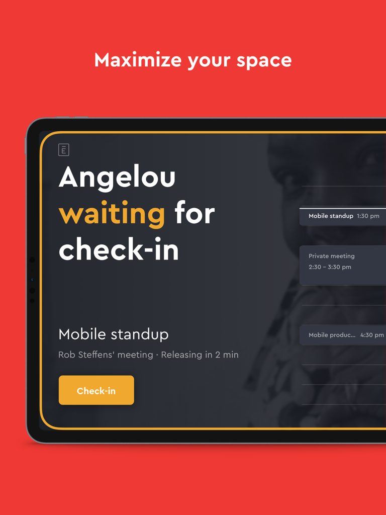 Envoy Rooms - Envoy Rooms app on iPad displaying a meeting room waiting for check-in with a list of upcoming meetings