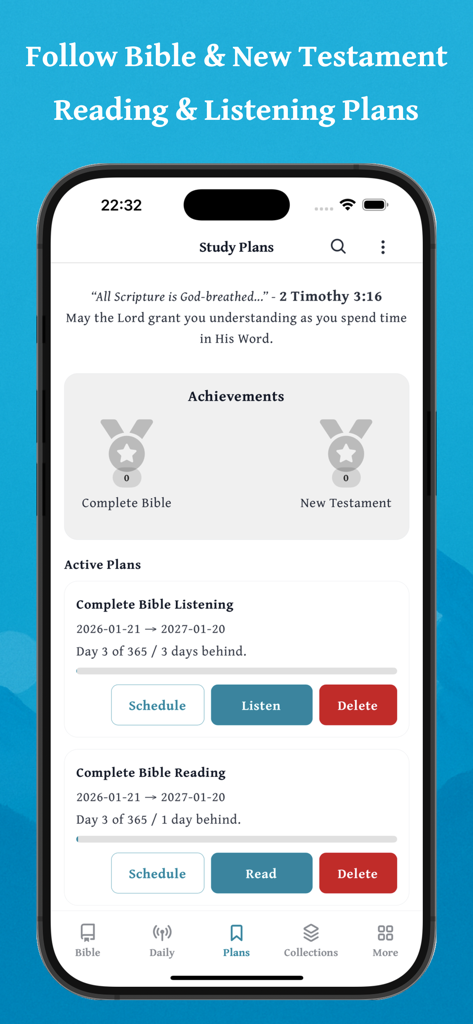 Daily Bible - Offline & Audio - A smartphone displaying the Study Plans screen of the Daily Bible app with progress bars for reading and listening plans.