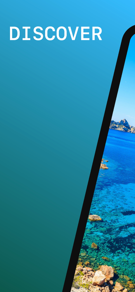 Ibiza Travel Guide. - Ibiza Travel Guide app screenshot with the text DISCOVER and a beautiful blue coastline view on a phone screen.