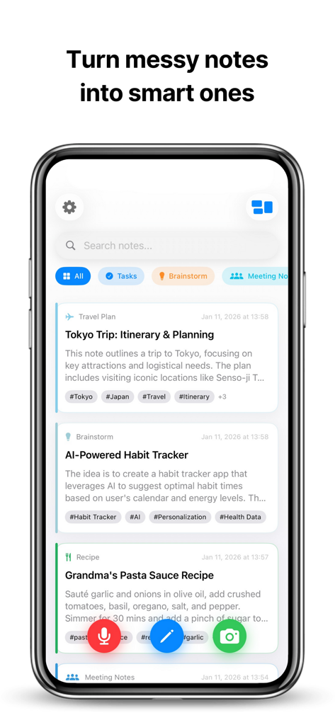 Wiz Note AI: Smart Notes - Interfaz de la aplicación Wiz Note AI que muestra notas organizadas para lluvia de ideas de planificación de viajes y recetas.