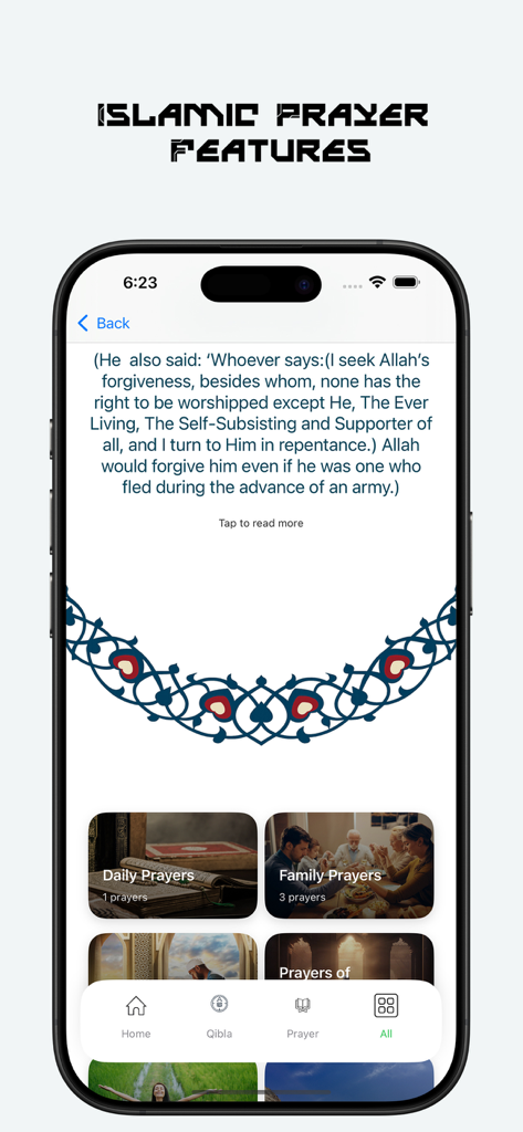 Ramadan Map - Pantalla de características de oración islámica de la aplicación Ramadan Map que muestra Duas diarios y categorías de oración