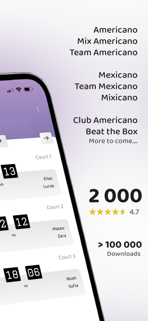 Affichage de l'application Americano Padel des modes de jeu du tournoi et des scores en temps réel sur le court.