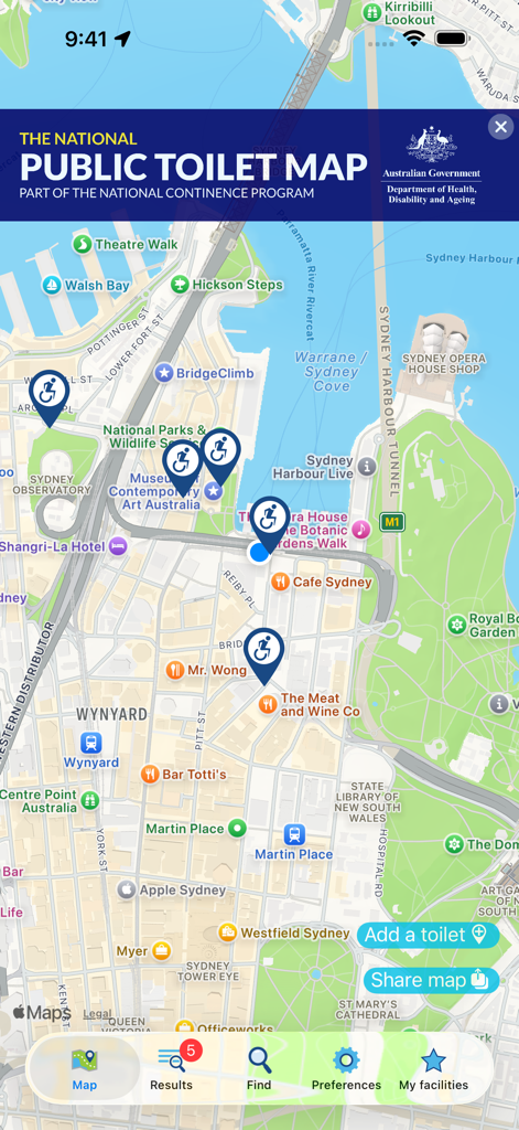 Map view of the National Public Toilet Map app showing accessible restrooms in Sydney Australia