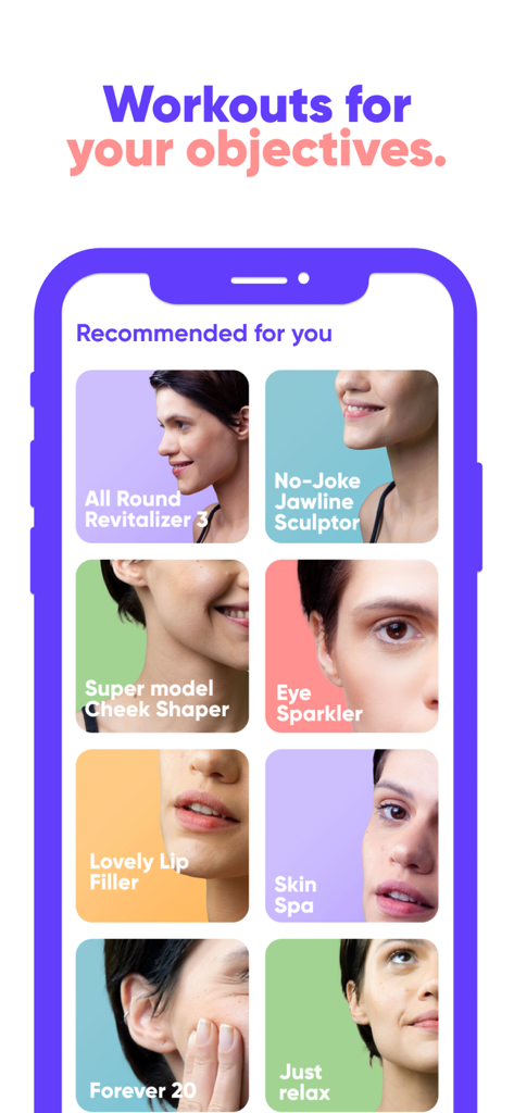 Face Exercises - A mobile app interface showing a list of recommended face exercise workouts including jawline sculptor and eye sparkler.