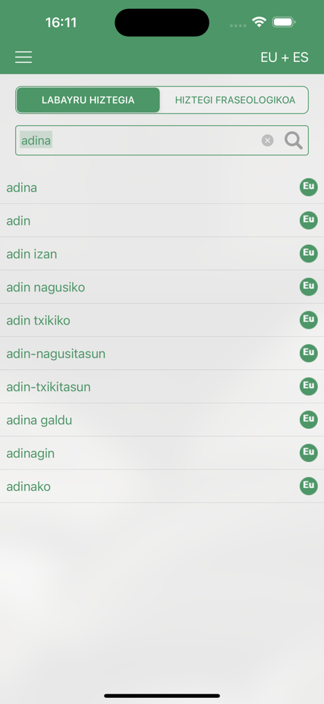 Labayru Hiztegia - Resultados de búsqueda de una palabra en euskera en la aplicación de diccionario Labayru Hiztegia