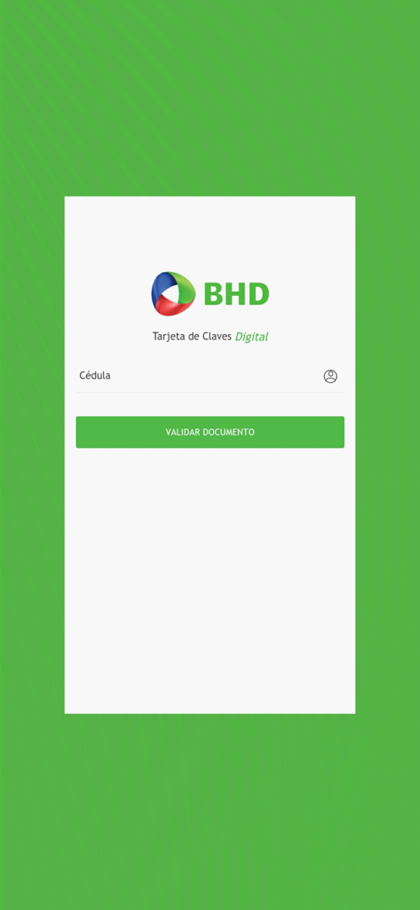 Tarjeta de Claves Digital BHD - Login screen for Tarjeta de Claves Digital BHD app featuring a Cedula identification field