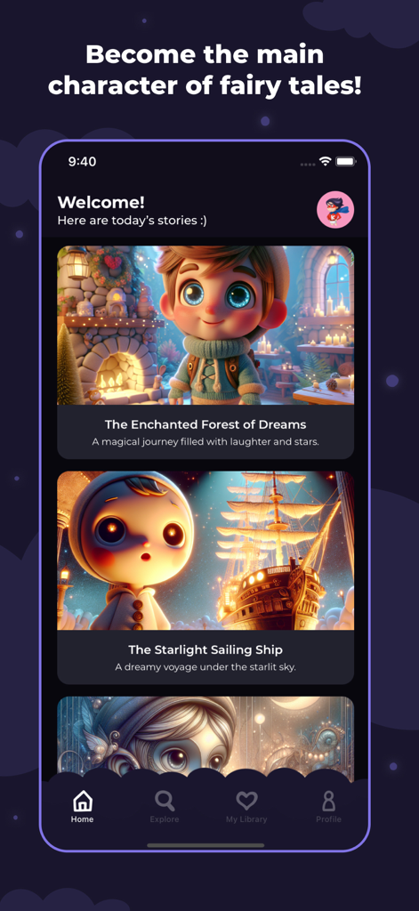 SnugStory: Bedtime Stories - SnugStory app home screen displaying personalized AI bedtime stories with whimsical character illustrations