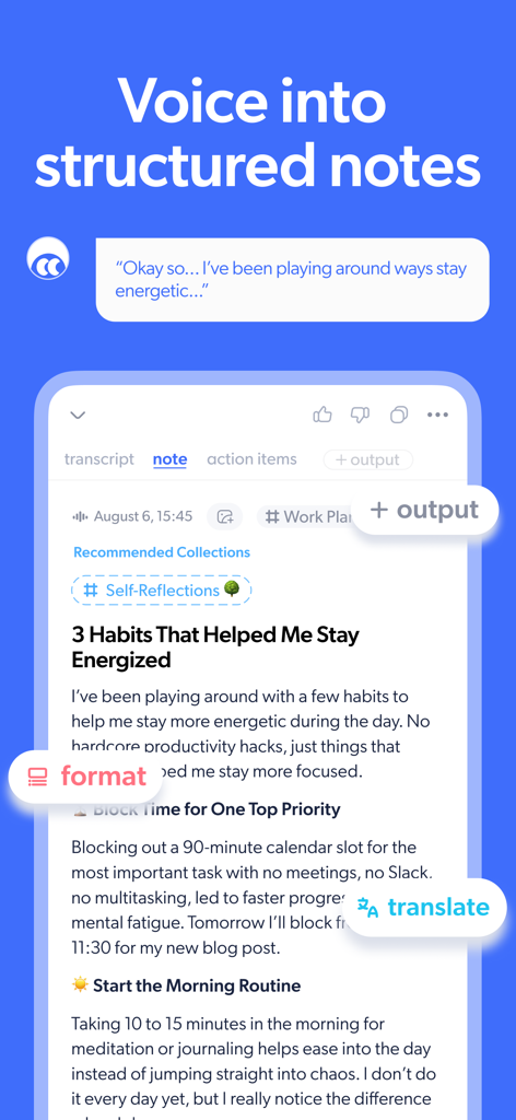 Mumble Note: AI Note Taker - Interfaz de la aplicación Mumble Note mostrando una transcripción de voz convertida en una nota de IA estructurada con encabezados y viñetas