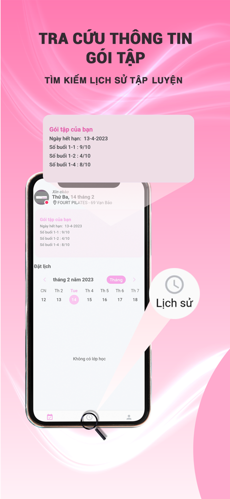 FourT Pilates - Oberfläche der FourT Pilates App, die Details zu Trainingspaketen und die Nachverfolgung des Sitzungsverlaufs zeigt