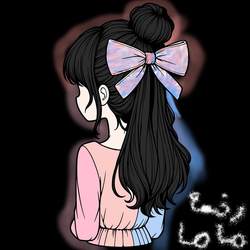 realistic girl  with hip length hair a bun and a big bow on the back of head
