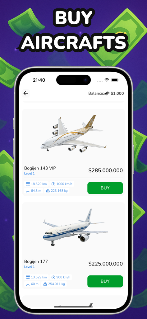 Pantalla de la aplicación móvil mostrando opciones de compra de jets privados de lujo en un juego de magnates de negocios