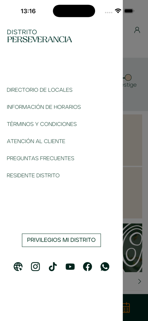 Distrito Perseverancia - ディストリト・ペルセベランシアモバイルアプリのサイドナビゲーションメニュー。住民およびサービスへのリンクが表示されています。