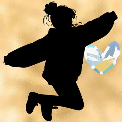 realistic girl jumping with a bun and oversized sweatshirt