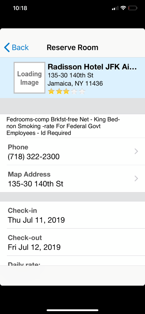 ConcurGov app screen showing hotel room reservation with federal government rates