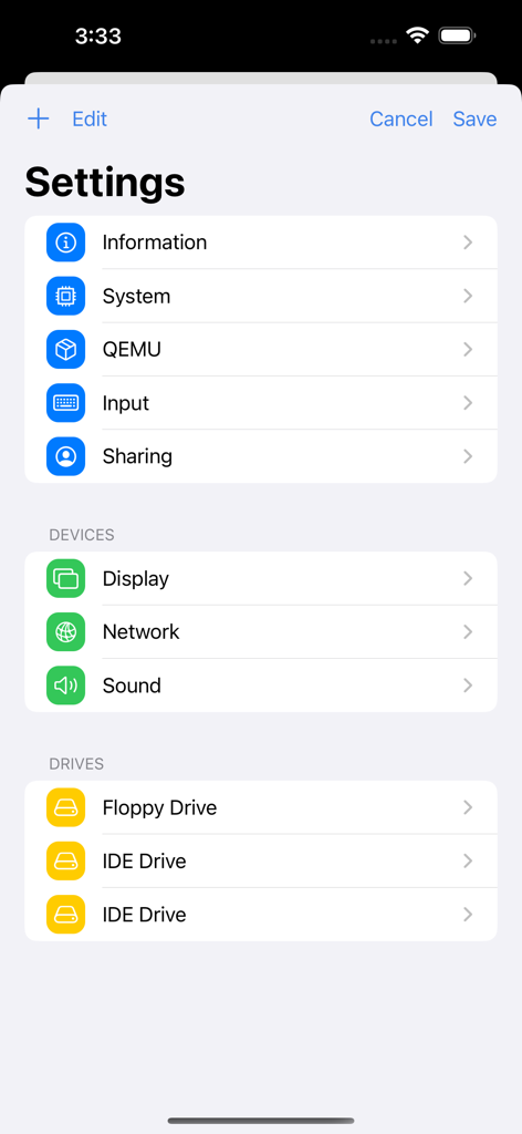 A settings screen in the UTM SE app showing various configuration options for system, QEMU, devices, and drives.