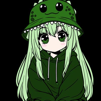 girl with anime shaped eyes with a dinosaur bucket hat oversized sweatshirt long straight hair