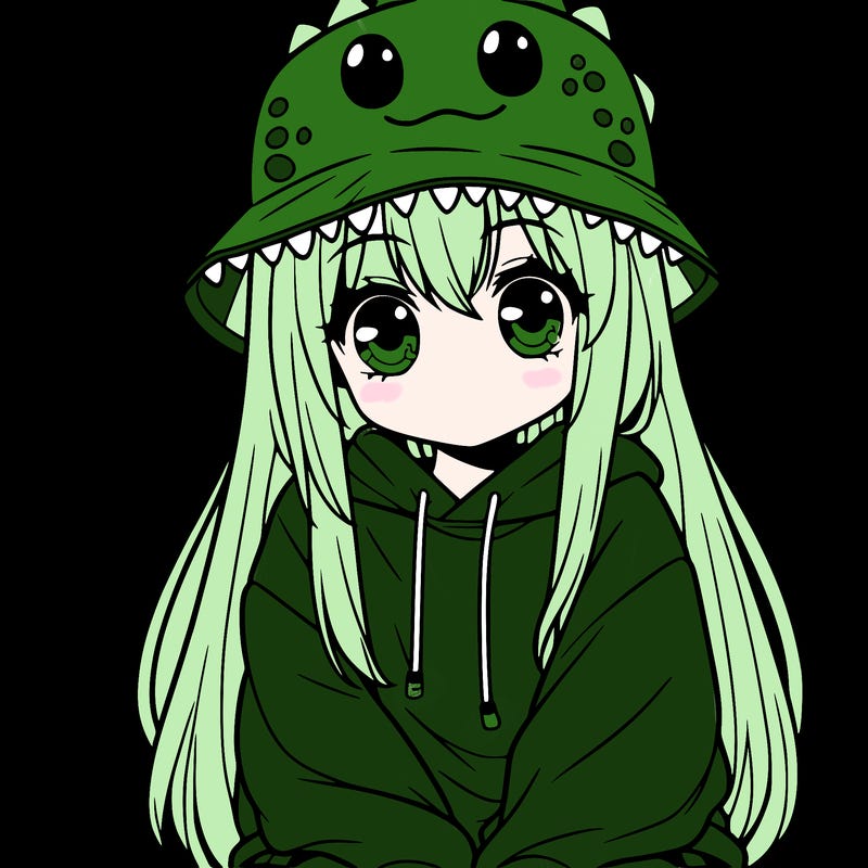 girl with anime shaped eyes with a dinosaur bucket hat oversized sweatshirt long straight hair