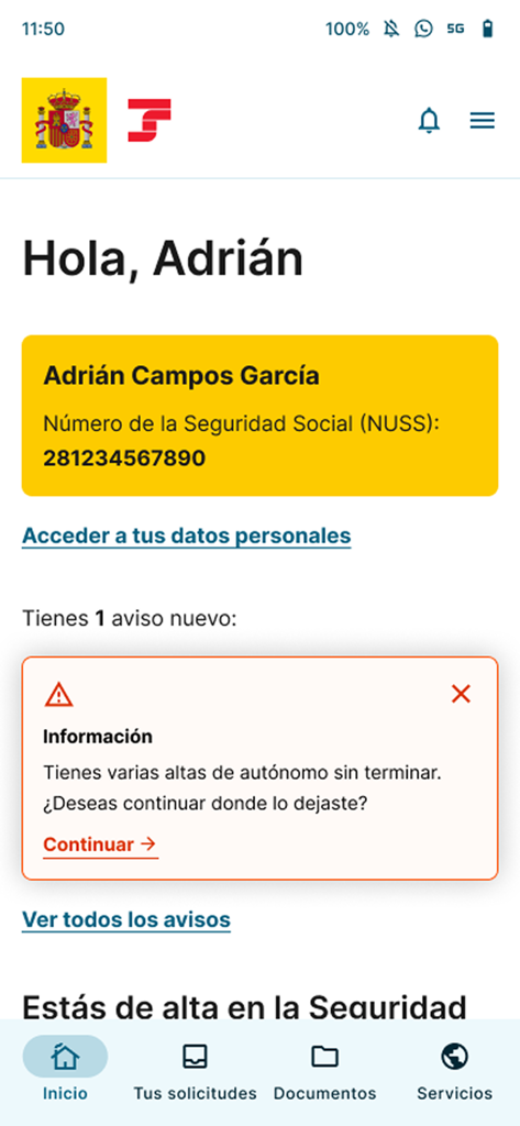 The home screen of the Importass Seguridad Social app displaying a user profile with their Social Security Number.