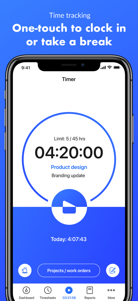 Hubstaff Time Tracker - Pantalla del temporizador de la aplicación móvil Hubstaff mostrando las funciones de entrada de un toque y descansos