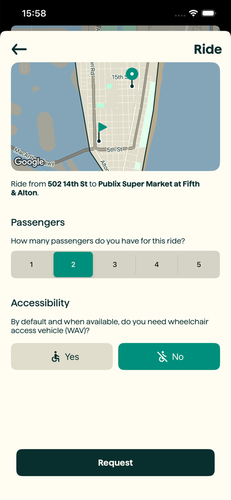 Ride Circuit - Booking screen of the Ride Circuit app showing a map route, passenger count selection, and wheelchair accessibility options.