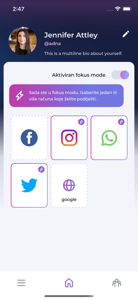 Bloop - Connect & Share - Interfaz de la aplicación Bloop que muestra el perfil de usuario y los iconos de conexión de redes sociales con el modo de enfoque activado