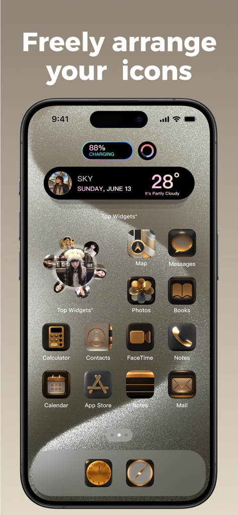 Angepasster iPhone-Startbildschirm mit ästhetischen goldenen Symbolen und Widgets