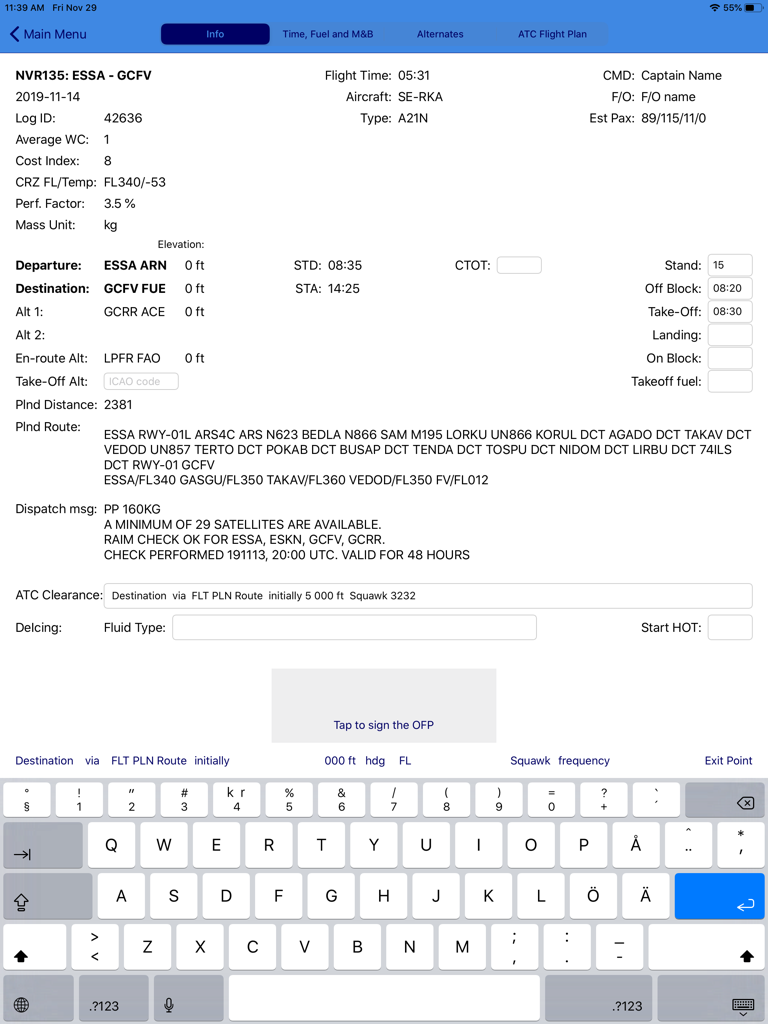 Flight Briefing - Interface de plano de voo eletrônico no aplicativo Briefing de Voo com dados de partida e rota