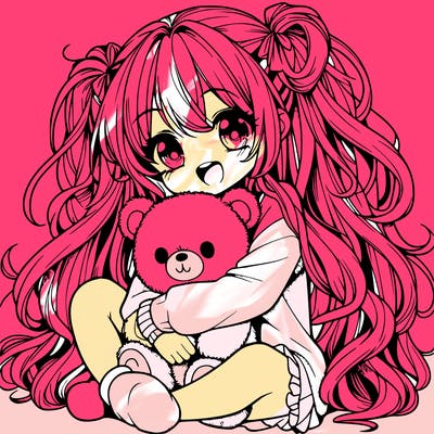 manga girl, long curly hair, happy, cuddling a teddy bear