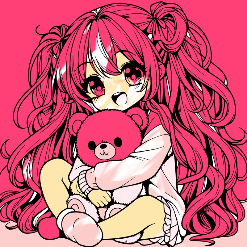 manga girl, long curly hair, happy, cuddling a teddy bear