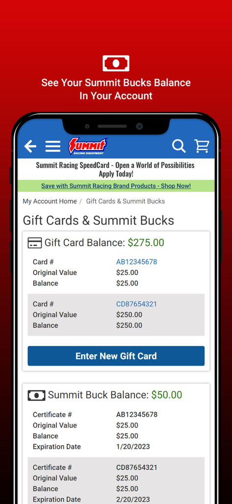 Summit Racing - Summit Racing app interface showing gift card and Summit Bucks account balances