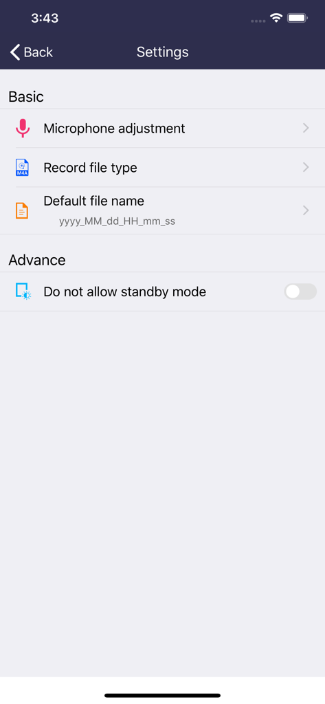 Settings menu of the voice recorder app showing options for microphone adjustment, record file type, and default file name.