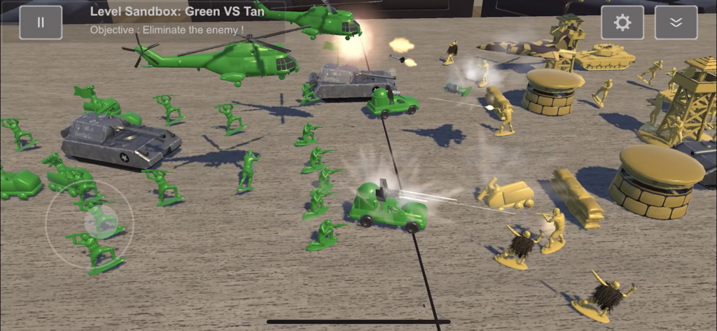A battle simulation between green and tan plastic toy soldiers with tanks and helicopters in a sandbox environment.